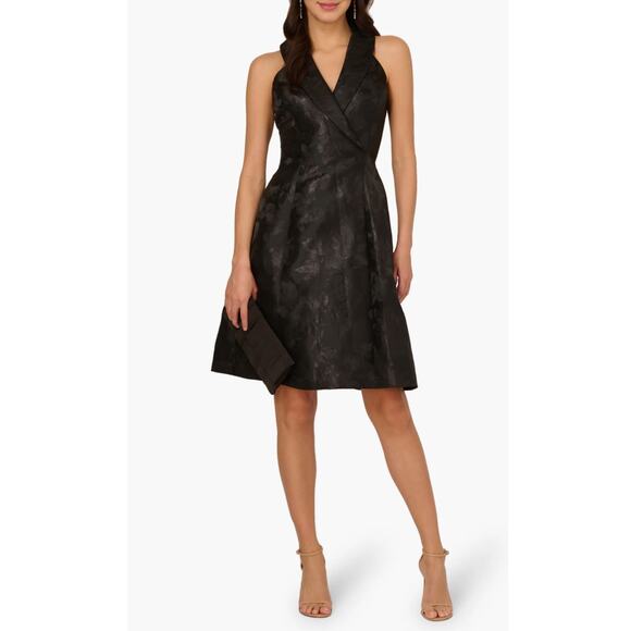 Adrianna Papell Black Tuxedo Cocktail Dress SZ 10 Metallic Floral Fit and Flare - Picture 11 of 13